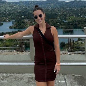 Brown ribbed and collared mini bodycon dress